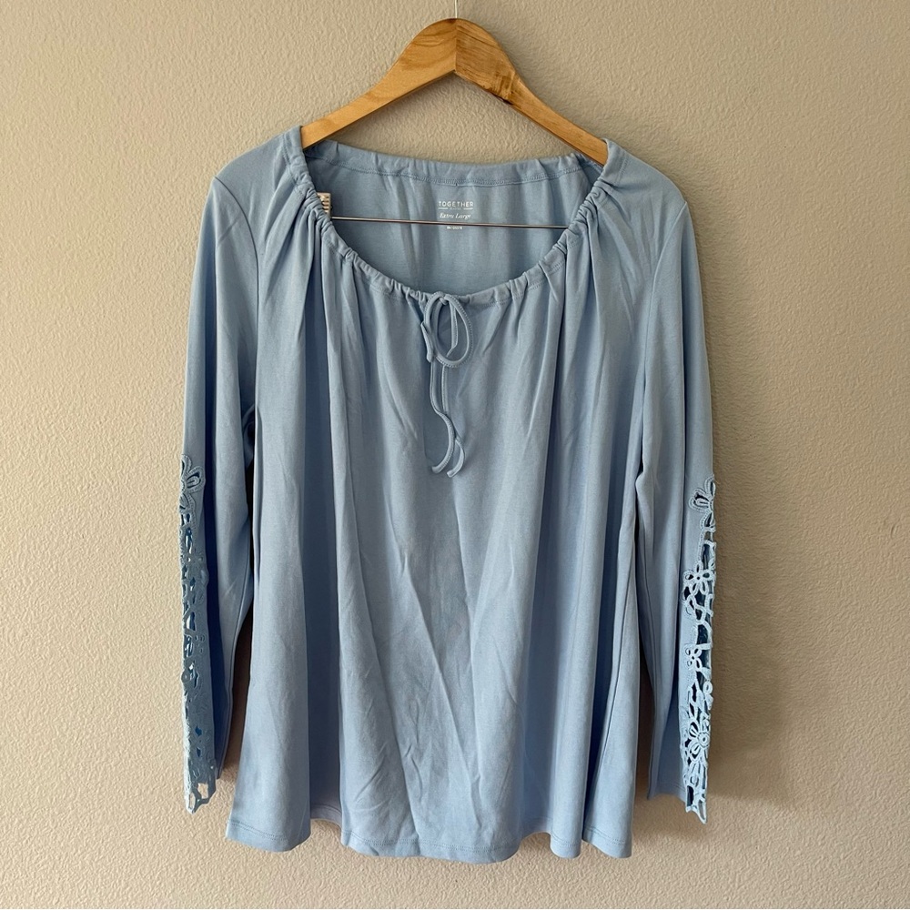 Together Blue Crochet Sleeve Tie Neck Top Size XL